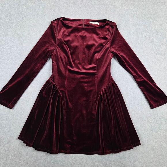 Commense Tunic Mini Dress Womens Size Medium Pleated Panel Velvet Burgandy - Picture 6 of 11